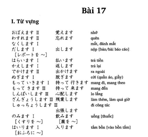 Từ Vựng Tiếng Nhật Bài 17