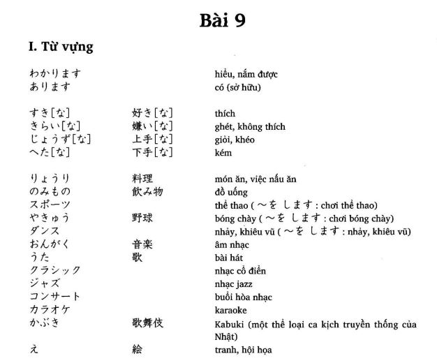 Từ vựng bài 9 tiếng Nhật từ Minna no Nihongo