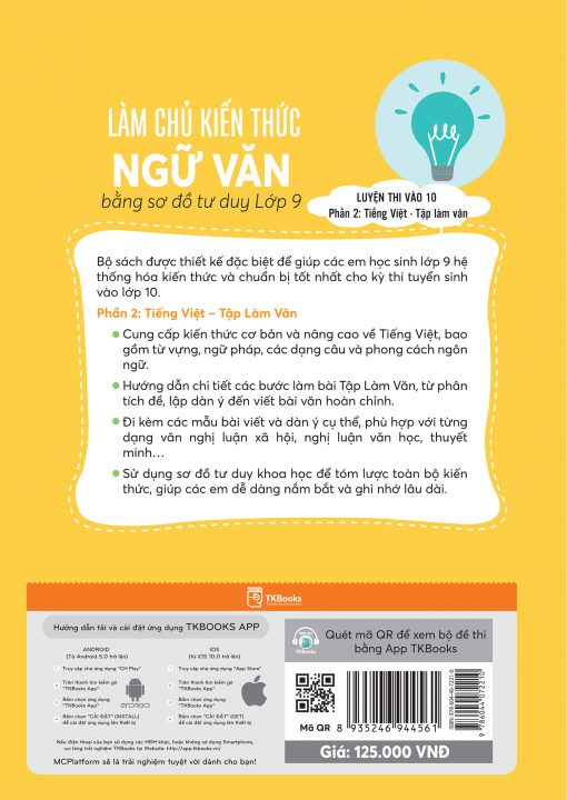 Bìa sau sách Làm chủ kiến thức Ngữ Văn lớp 9 bằng sơ đồ tư duy - Luyện thi vào 10 phần 2: Tiếng Việt - Tập làm văn