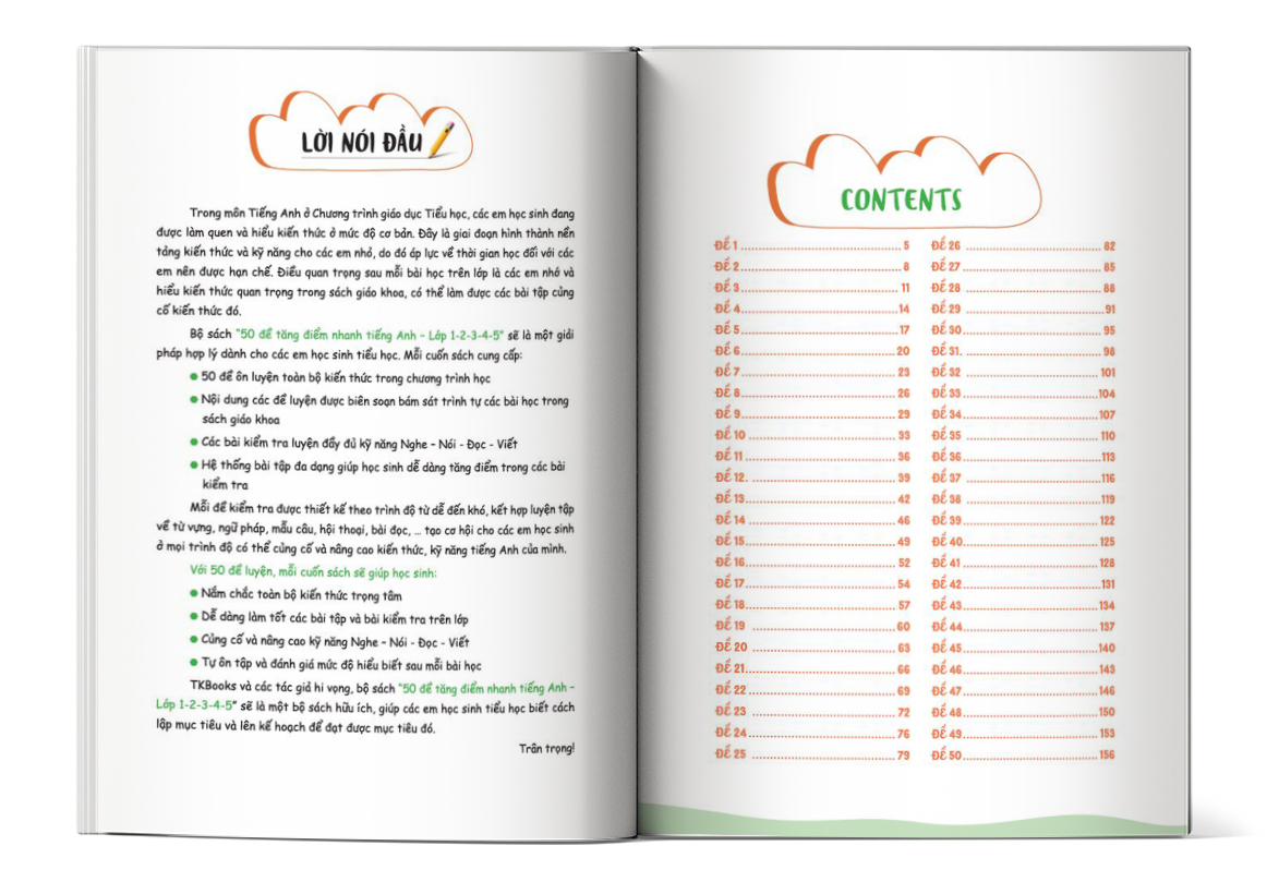 Mục lục của cuốn sách 50 đề tăng điểm nhanh tiếng Anh lớp 5