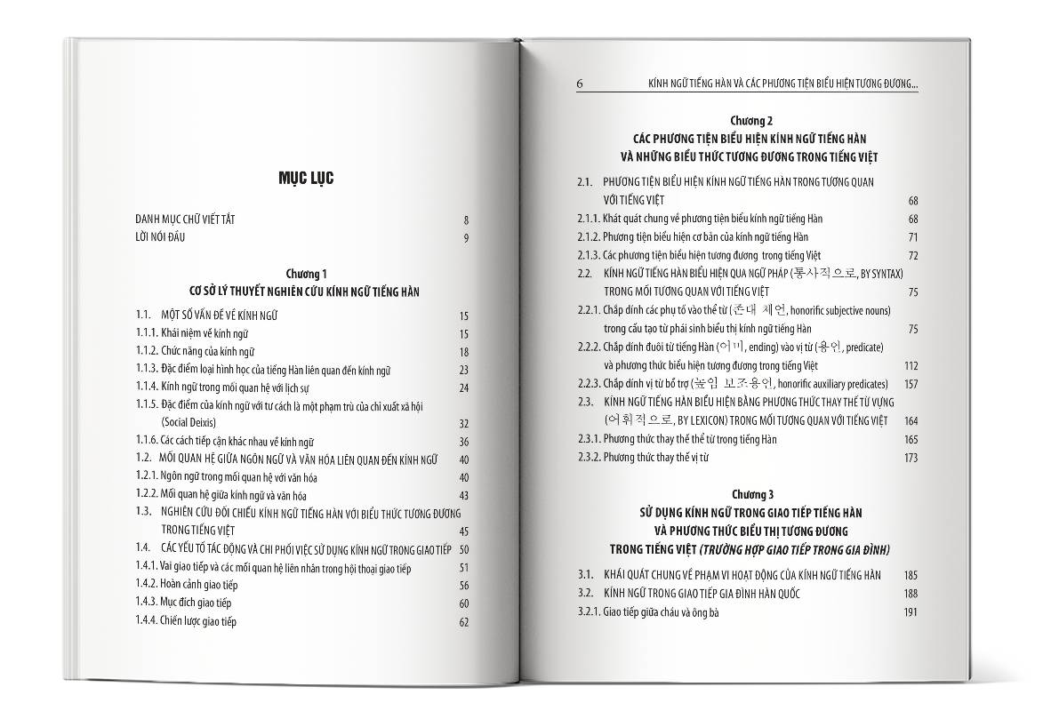 Mục lục của cuốn sách Kính Ngữ Tiếng Hàn Và Các Phương Tiện Biểu Hiện Tương Đương Trong Tiếng Việt