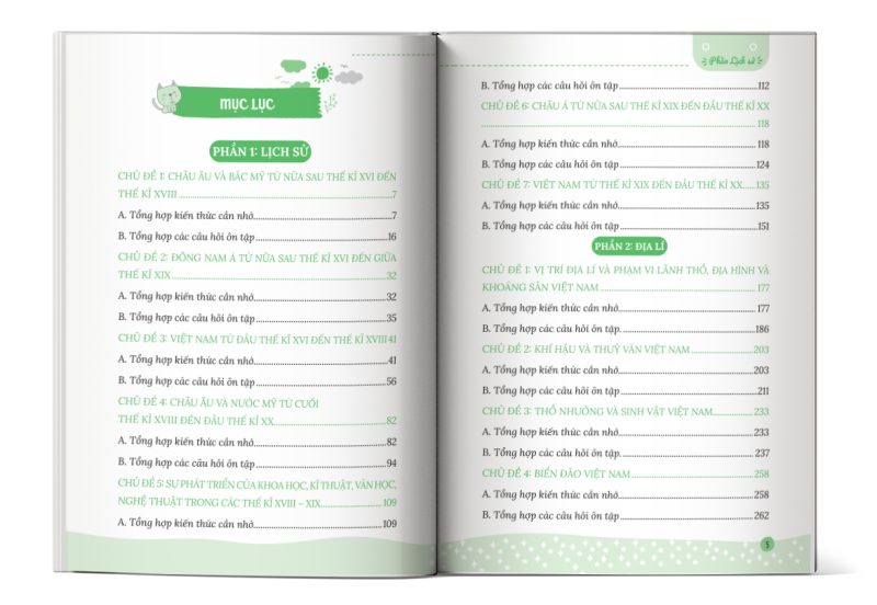Mục lục của cuốn sách Sổ tay kiến thức Khoa học xã hội Lịch sử – Địa lí lớp 8